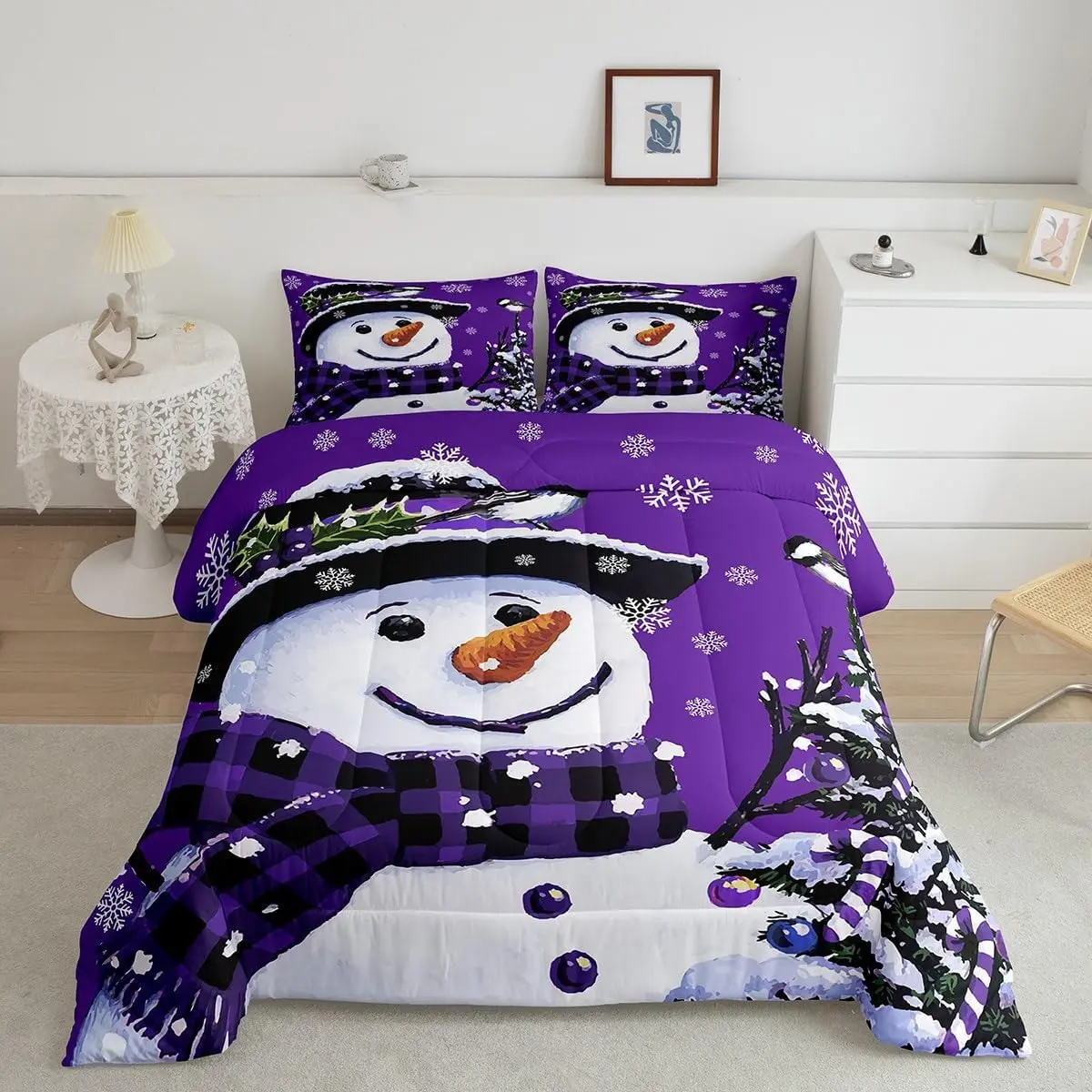 Feelyou Comfy Christmas Theme Bedding Set - Multi-Size Flat Weave Breathable Purple Set with Print Snowman Duvet, Snowflake Kawaii Comforter, Fitted Bedsheet, Comfy Bedding Set, Bed Cover Set