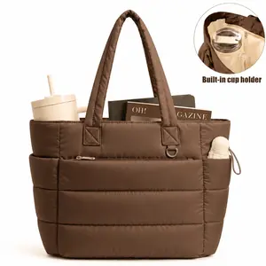 Five Season Home 20L Puffy Quilted Tote Bag for Women, Lightweight Bubble Nylon Laptop Shoulder Bag with Multiple Compartments for Work, Travel, and College