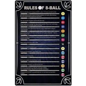 Funny Billiards Knowledge Metal Tin Sign Rules of 8-Ball Poster Beginner Retro Game Room Decor Vintage Hall Man Cave Garage Home Wall Art Decor 12X16 Inch