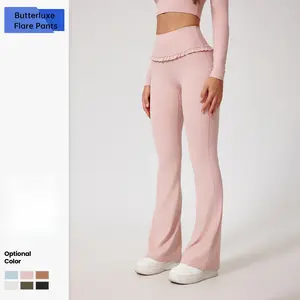 Butterluxe Peach Lifting Flare Yoga Pants - High-Waisted Lace Trim Naked Feel flare high waist Polyamide Leggings Activewear Leggings Pink Sweatpants