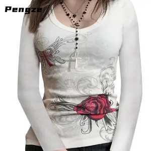 Fairy Grunge Long Sleeve Rose Print Cropped T-Shirt (V-Neck), 1990s Style