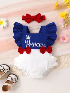Cute Baby Girl, Sweet, Soft, Comfortable, Fashionable, Crown Letter Printed Front Bow Decoration Dress, Jumpsuit, Headband Suitable For Spring And Summer Leisure Parties, Vacations And Outings