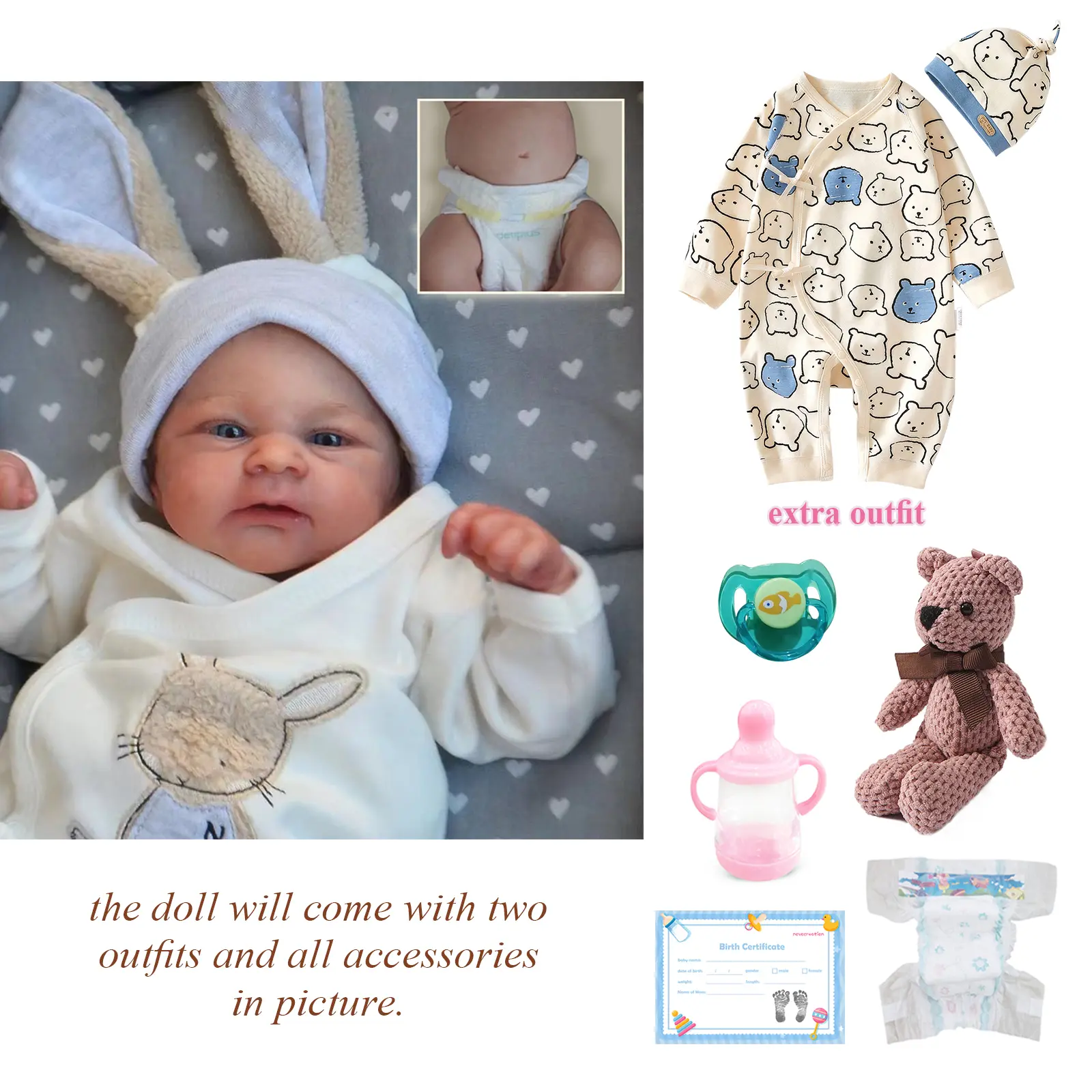 17-Inch Lifelike Reborn Baby Doll Boy, Full Vinyl Handmade Doll with Painted Hair, Washable Role Play Newborn Toy (No Silicone) christmas new year birthday present