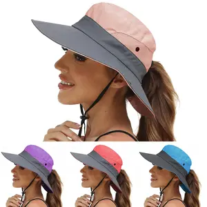 Women Ponytail Sun Hat UV Protection Wide Brim Safari Fishing Cap Bucket Hat Boonie Beach Outdoor Travel Cap