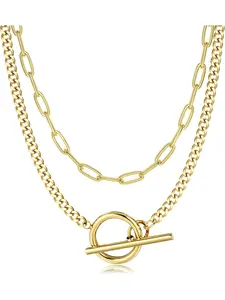 Gold Necklaces for Women Layered 14K Gold Plated Necklace Set Trendy Cuban Link Paperclip Chain Toggle Clasp Necklace (Silver/Gold)