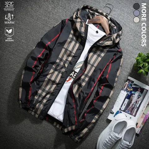 Men's lightweight jacket for spring and autumn, comfortable and windproof, with a hood, elastic cuffs for better wind protection, snug fit, suitable for outdoor leisure sports, mountain hiking, and travel camping, men's casual plaid jacket