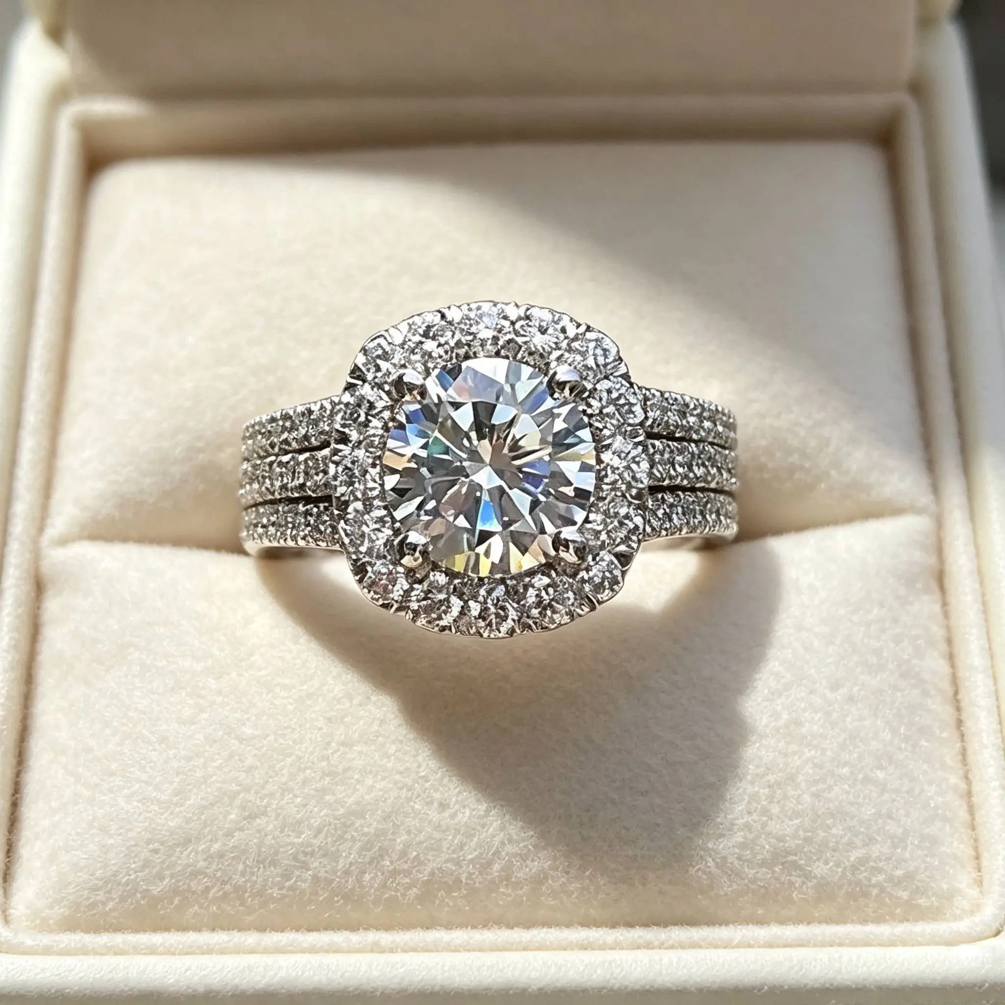 Elegant Diamond Halo Engagement Ring with Triple Band Design and Sparkling Gemstones for Women
