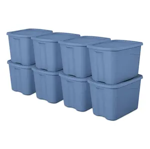 Large Storage Bin, 18 Gallon Durable Plastic Storage Tote with Snap-on Lid, Light Blue, 8 Pack