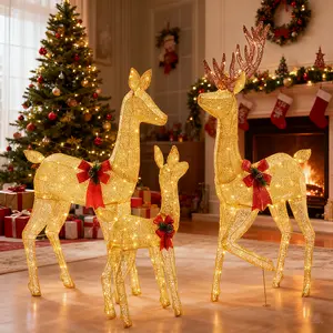Lighted Christmas Deer Family Outdoor, 3-Piece Reindeer Set with 360 Warm White LEDs, Weatherproof Metal Frame Holiday Decoration for Lawn Porch Yard, Large Festive Display with Buck Doe Fawn