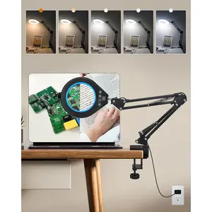 Magnifying Glass with Light, 10X & 5X Real Glass & Anti-Glare Lens, 5 Color Mode Stepless Dimmable LED Desk Magnifying Lamp, Hands-Free Desk Lamp with Clamp for Crafts Reading Repair Hobby (Blue)