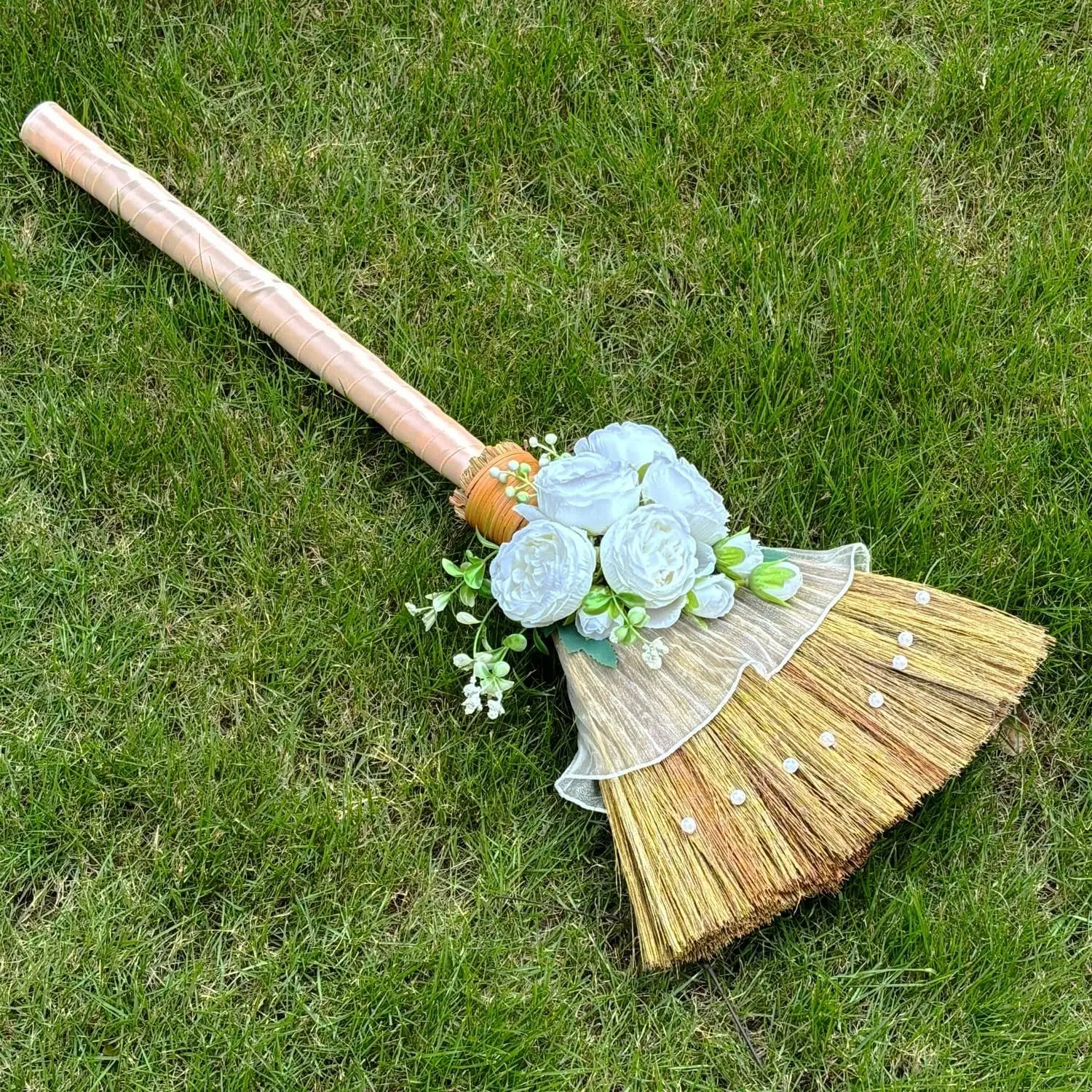 Wedding Brooms DIY, Bride & Bridegroom Jump Broom, Whisk Wedding Broom with Ribbons, Simulated Roses and Pearls, Lace Cloth