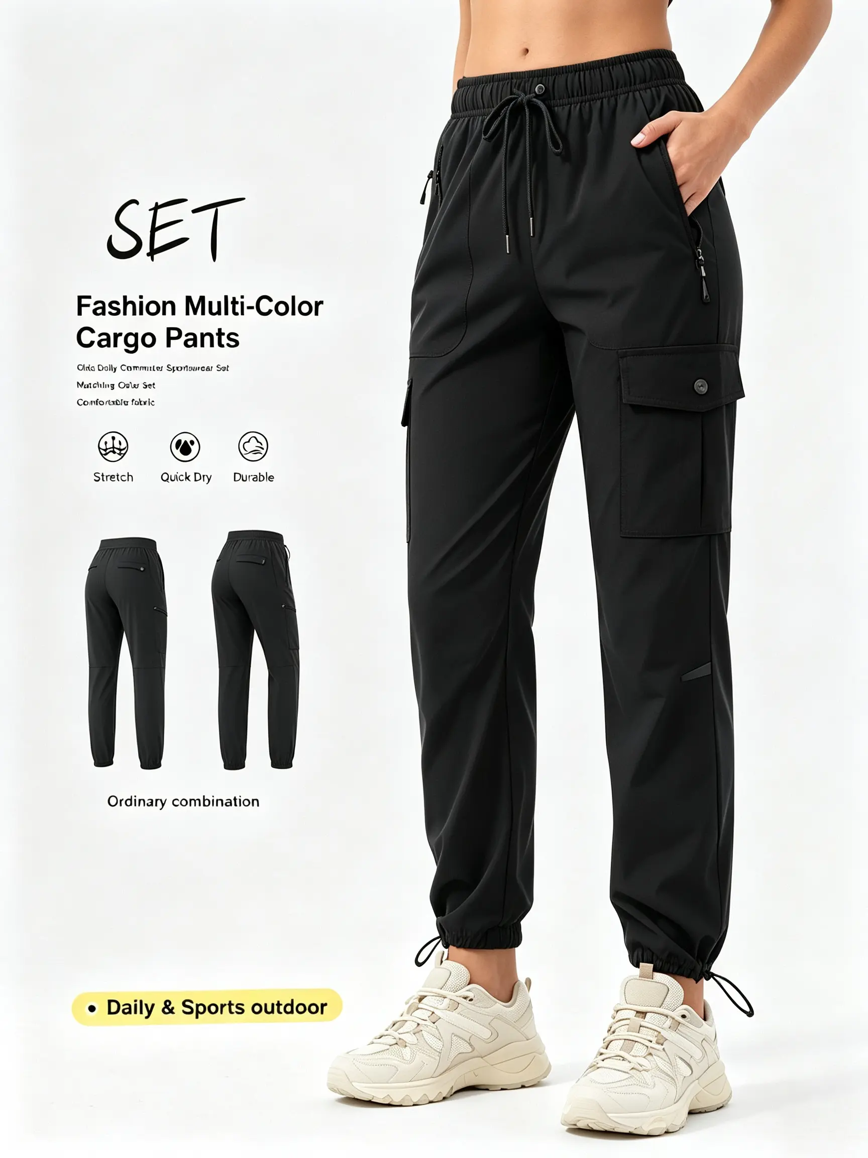 Lightweight Stretch Quick Dry Women Cargo Pants With Button Flap Pockets Elastic Waist Adjustable Cuffs, Outdoor Trekking Hiking Camping Jogger Trousers For Daily Travel Casual Outfit sportswear
