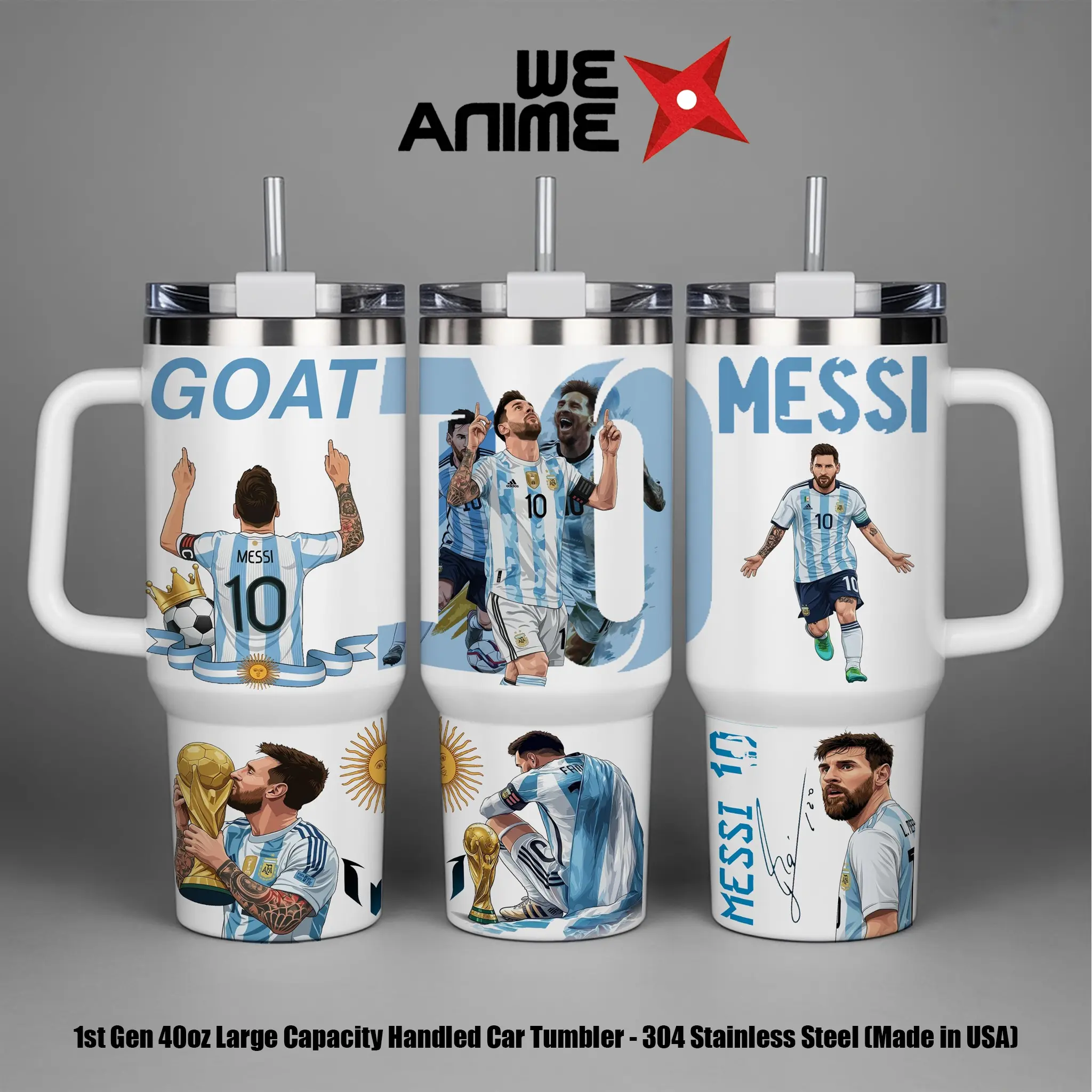 WEXANIME Collection Messi #10 20oz & 40oz Tumbler with Handle and Straw, Stainless Steel Vacuum Insulated Travel Mug, GOAT Soccer Cup, Football Fan Gift