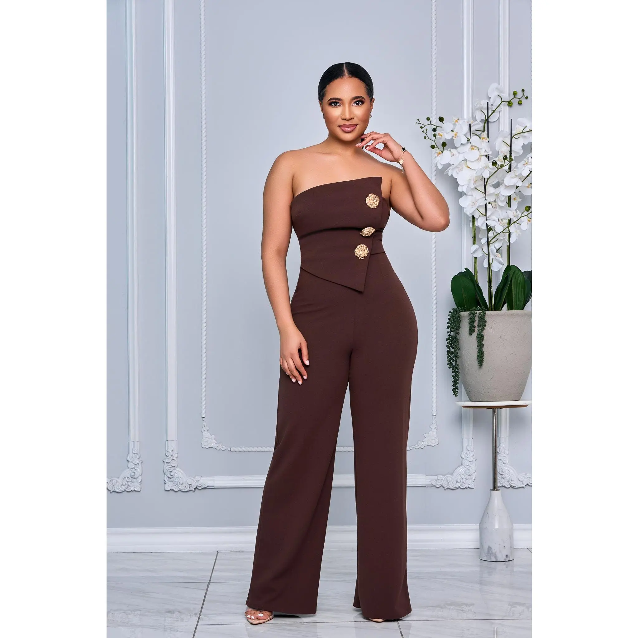 TUBE TOP GOLD BUTTON EMBELLISHED JUMPSUIT (CHOCOLATE BROWN)