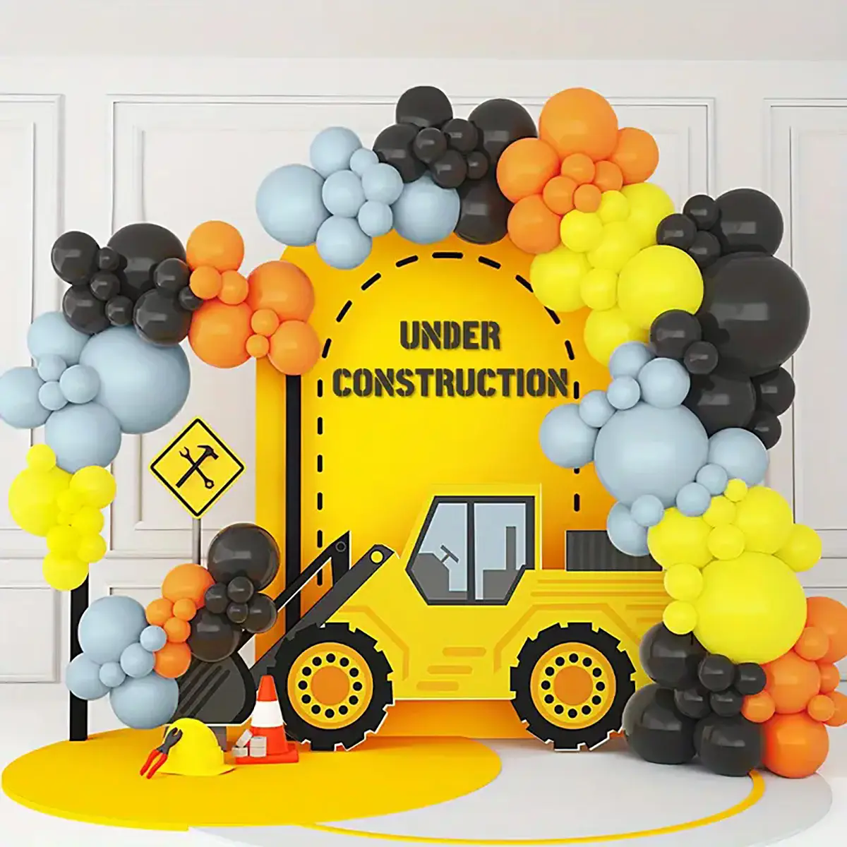 125pcs Building Theme Black, Yellow, Orange Latex Balloons Garland Arch Kit for Birthday, Wedding Celebrations - Home Bar, Room Decor Supplies, Round