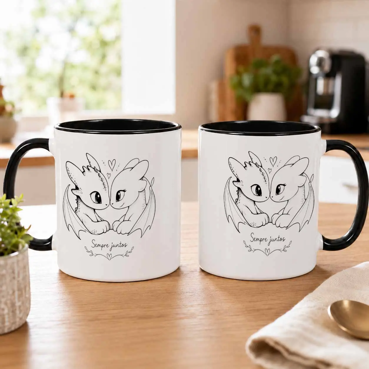 Adorable Fantasy Dragon Couple Mug (11oz/15oz)， Sempre Juntos Love Heart Print， Durable Ceramic Coffee Cup， Perfect Gift for Anniversaries， Romantic Wedding Tableware， Cozy Home Decor
