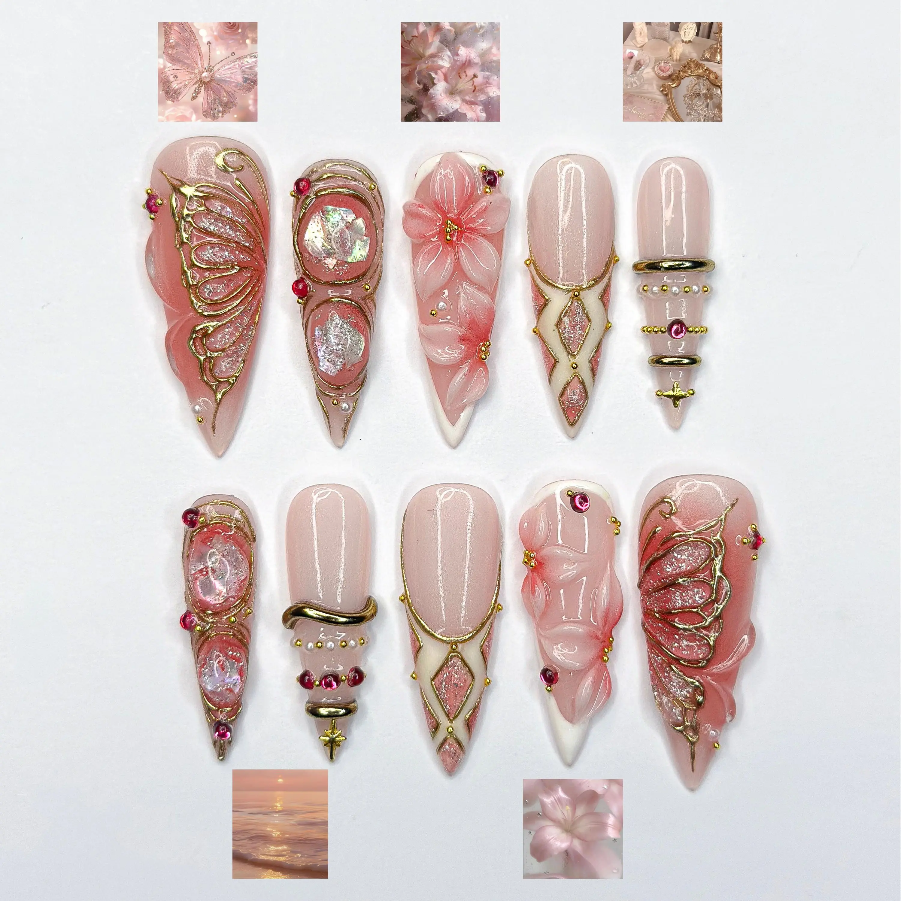 Gold Butterfly & Lily Nails | Pink Fairycore Press Ons | Luxury Floral Celestial Stiletto Art | Royal Fairy Nails