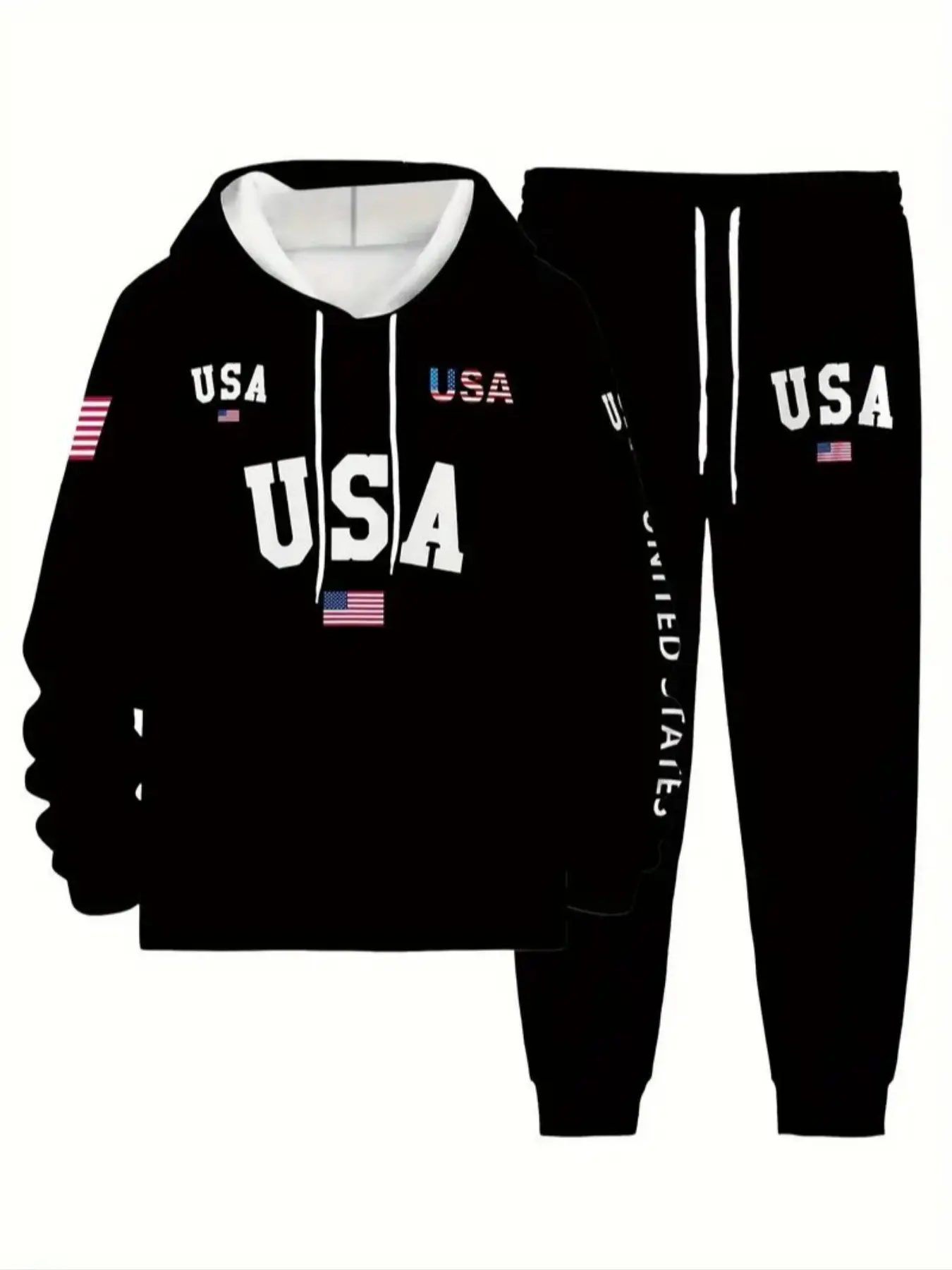 Men's American Letter Print Hoodie Set, Long Sleeve Polyester Hooded Top & Elastic Cuffed Pants, Sporty Casual for Spring Fall