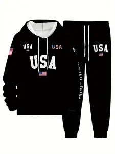 Men's American Letter Print Hoodie Set, Long Sleeve Polyester Hooded Top & Elastic Cuffed Pants, Sporty Casual for Spring Fall