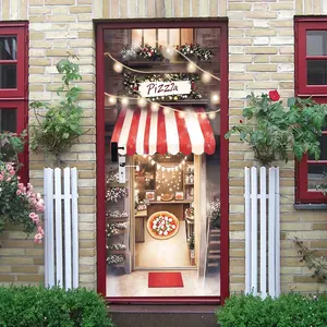 2pcs   Christmas Theme Pizza Shop Door Decor Wall Sticker Festive Restaurant Window Decal Self Adhesive Removable Storefront Decoration New Year Party Scene Decorative Poster  Collage Self-Adhesive Do