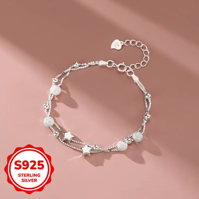 Ladies' Fashion Bracelet, Ladies' Two-Layer Star Bracelet, Simple and Versatile, Suitable for Summer Beaches, 925 Silver Low-Allergenic Bracelet, Daily Wear Gift, Suitable for Weddings, Banquets, Beach Vacations, Ramadan, Valentine's Day, Mother's Day