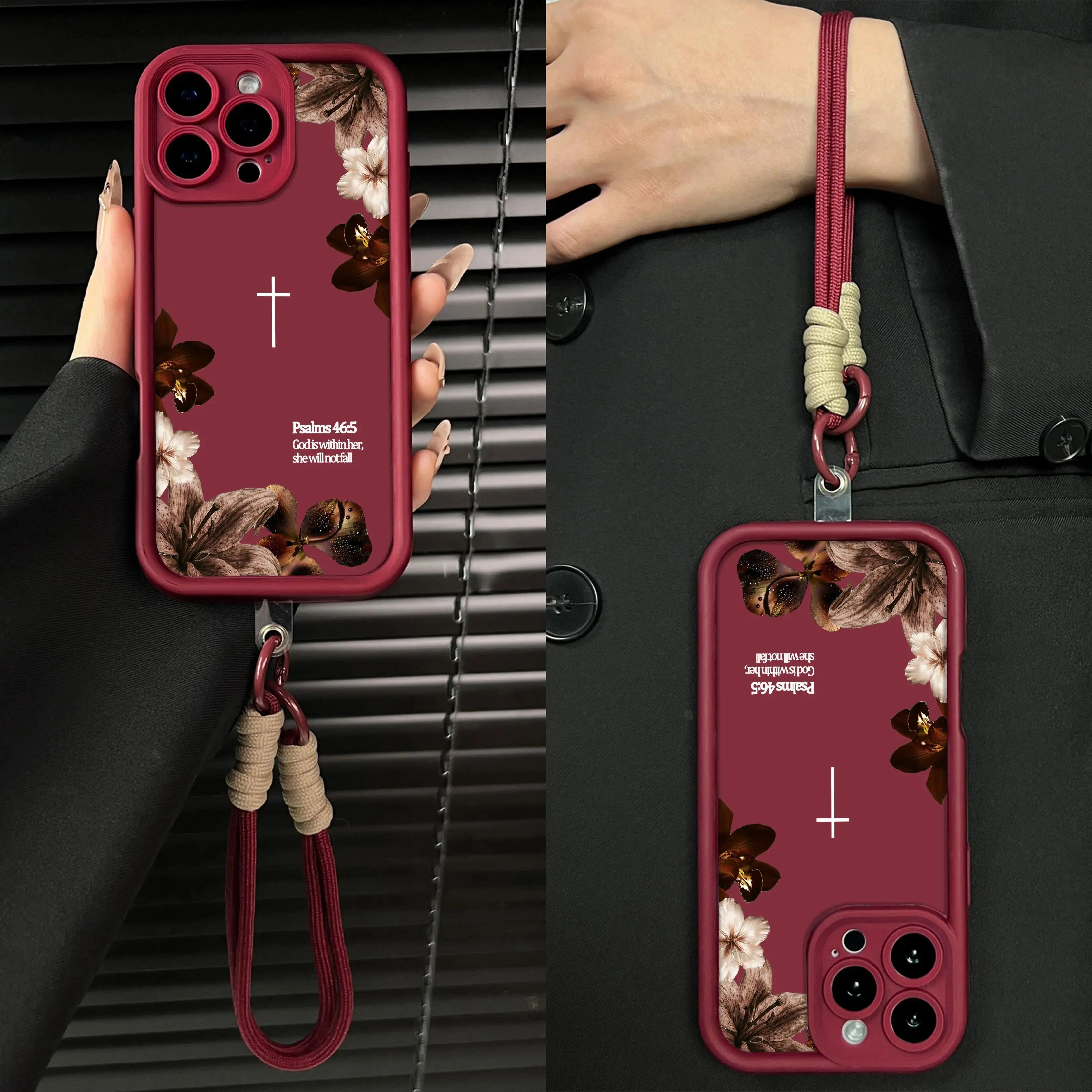 Vintage Floral Aesthetic Phone Case with Lanyard — Christian Cross Design (Psalm 46:5) — Compatible with iPhone 17/16/15/14/13/12/11/XR/XS/X