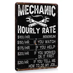 Garage Rustic Wall Decor, Mechanic Hourly Rate Garage Car Signs Decor, Mechanics Automotive Man Cave Bar Vintage Man Cave Car Funny Retro Plaque Dads Gift Gloss Metal, 8x12inch