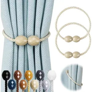 2 Pack Strong Magnetic Curtain Tiebacks Rope Decorative Curtain Tie Backs Magnetic Curtain Holders for Drapes Window Treatment Holdbacks, Beige