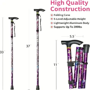[Adjustable Aluminum Stick] Lightweight Aluminum Adjustable Stick | Foldable, Ergonomic Handle, Floral Pattern | Ideal for Seniors & Adults, Portable for Storage or Travel