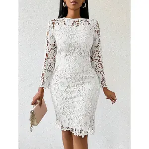 Lady Four Seasons Wedding Guest Dress Elegant Party Pink Lace Crew Neck Dress For Women