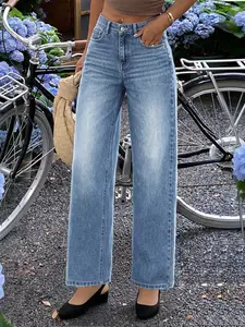 Women's High-Waisted Denim Jeans, Casual Comfortable Wide-Leg Pants, Loose-Fitting Plain Style, Perfect for Everyday Wear