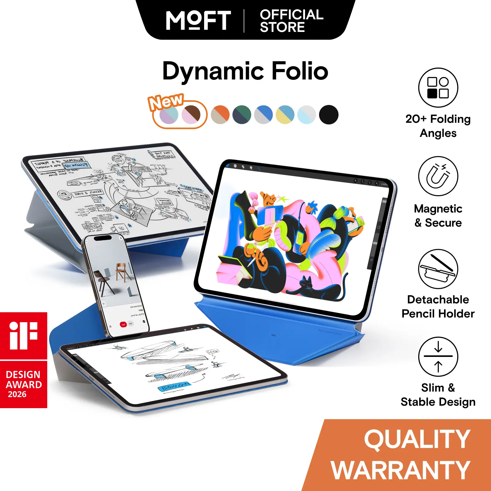 MOFT Dynamic Folio Magnetic iPad Case - Folding Tablet Stand, Smartphone Tablet Holder, Floating Mode, Multi-Angle Viewing, Lightweight Portable Tech Gadgets Accessories