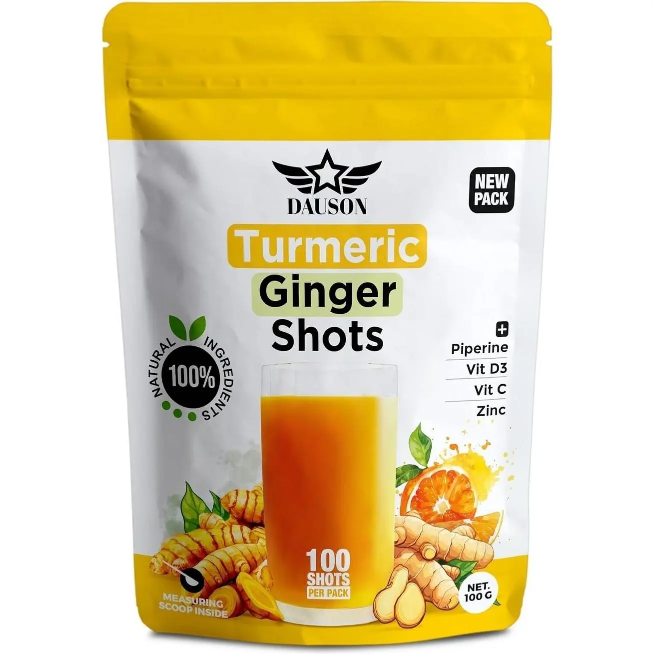 Turmeric Ginger Supplements with Piperine, Vitamin C, Vitamin D3 & Zinc | 100 Servings of Ginger Turmeric Shots for Joint, Heart, Brain, Gut & Skin Health | Ayurved | Powder