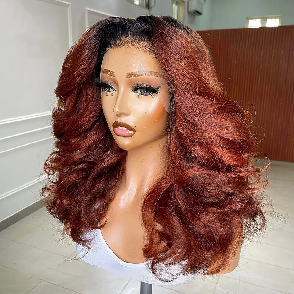 Ginger Brown With Dark Roots Body Wave Bob Wig 13x4 HD Transparent Lace Front Human Hair Bob Wig 180% Density Reddish Brown Colored Bob Wig for Women