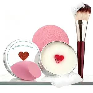 Makeup Brush Heart-Shaped Cleansing Soap Solid Soap Cleanser for Makeup Brushes Includes Color-Removing Sponge Brush Cleaning Pad Silicone Makeup Brush Cleaning Tool Removes Eye Shadow Pigment