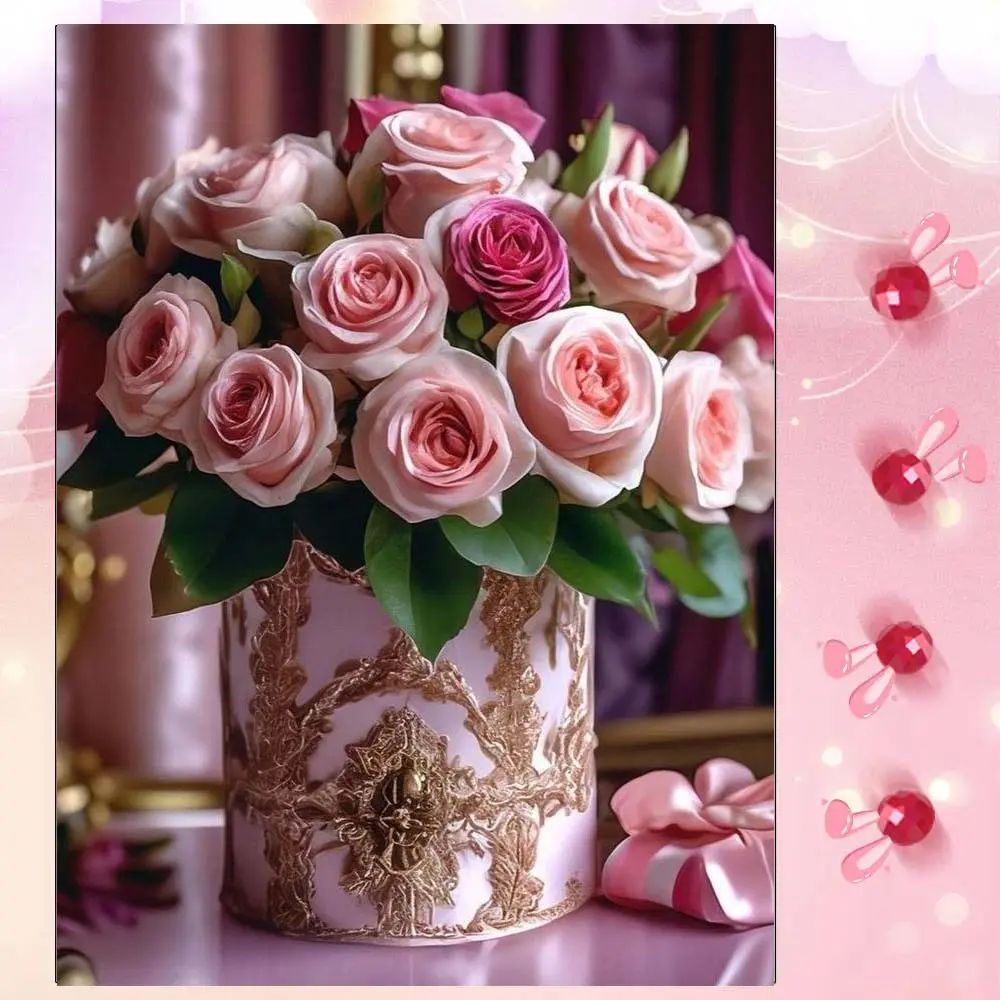 5D DIY Full Drill Round Diamond Painting - Diamond Art Kit Pink Rose Mosaic, Canvas - DIY Wall Decor, Home Decoration, Suitable for Halloween and Christmas, Birthday and Anniversary Gifts