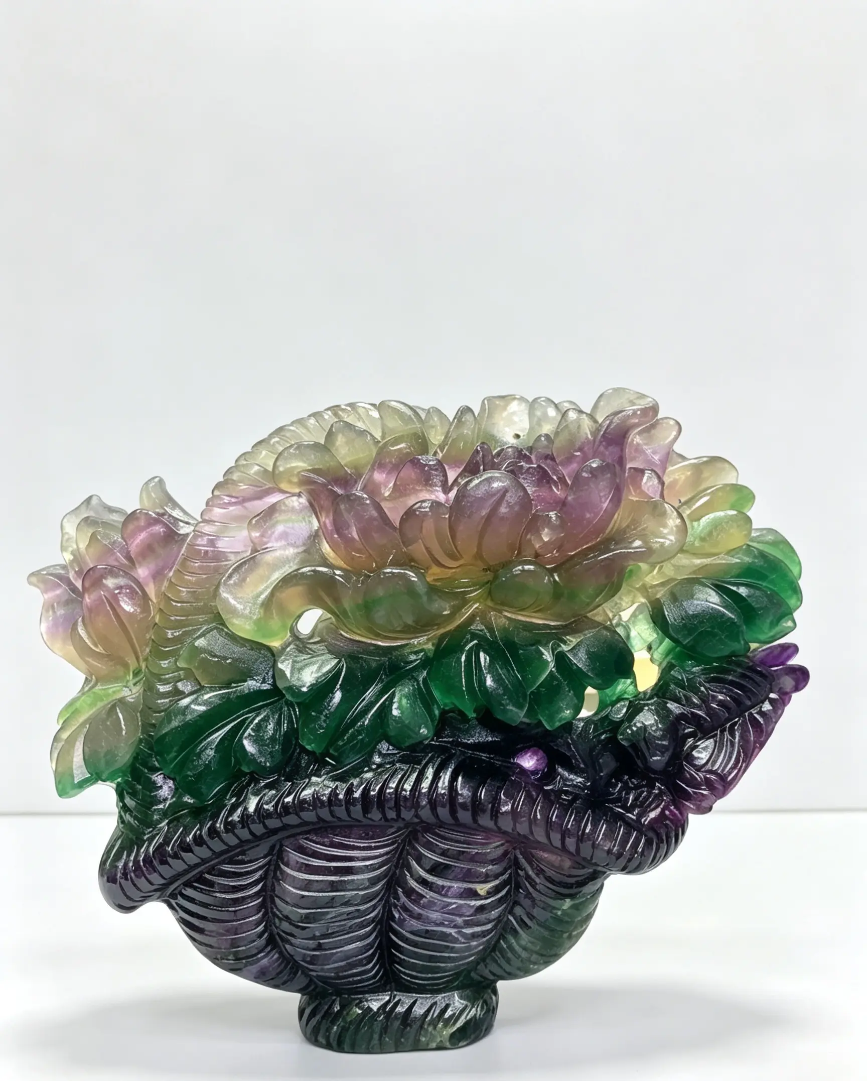 Fluorite Carved Flower Basket Ornament, Natural Rainbow Fluorite Crystal Sculpture, Home Decor Collectible Gift