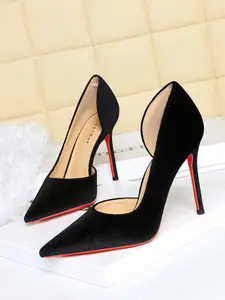 Elegant European Style Party Shoes, Sexy Slimming Pointed Toe High Heels Stiletto Heeled Pumps, Velvet Side Cutout Low-Cut Single Shoe for Women