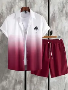 Men's Coconut Tree Ombre Print Shirt & Shorts Set - Vacation Beachwear, Casual Summer Cozy Outfits