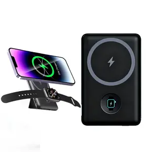 Magnetic Power Bank 5000mAh with iWatch Charger, Wireless Portable Charger with Foldable Stand, 20W PD Fast Charging Magnetic Battery Pack for iPhone 17/16/15/14/13, for Apple Watch Series & Android