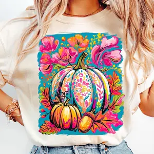 Comfort Colors Vintage Fall Floral Pumpkin TShirt, Boho Fall TShirt, Girly Autumn Vibes Tee, Preppy Fall Brushstroke T-Shirt, Pink Pumpkin Season