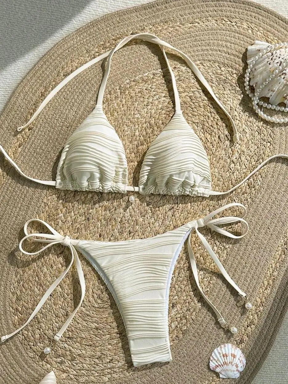 Sparkly Textured Pearl Decor Halter Bikini Set – Sexy Two-Piece Swimwear for Retro Beach Holidays