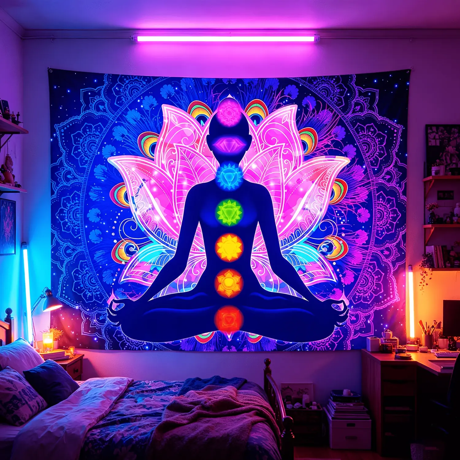 1 Piece Bohemian Mandala 7-Chakra Yoga Meditation Tapestry - Colorful Peach Skin Glossy Fluorescent Home Supplies, Indoor/Outdoor Decorative Wall Hanging, with Free Accessories, Indoors, Comes With Free Accessories