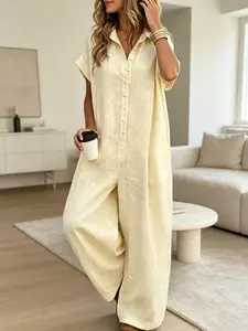 A lady's fashion French lazy-fit jumpsuit with a loose button-up design, featuring slimming wide-leg style. Perfect for summer, suitable for light social occasions, afternoon tea, vacation trips, commuting, and at-home wear.