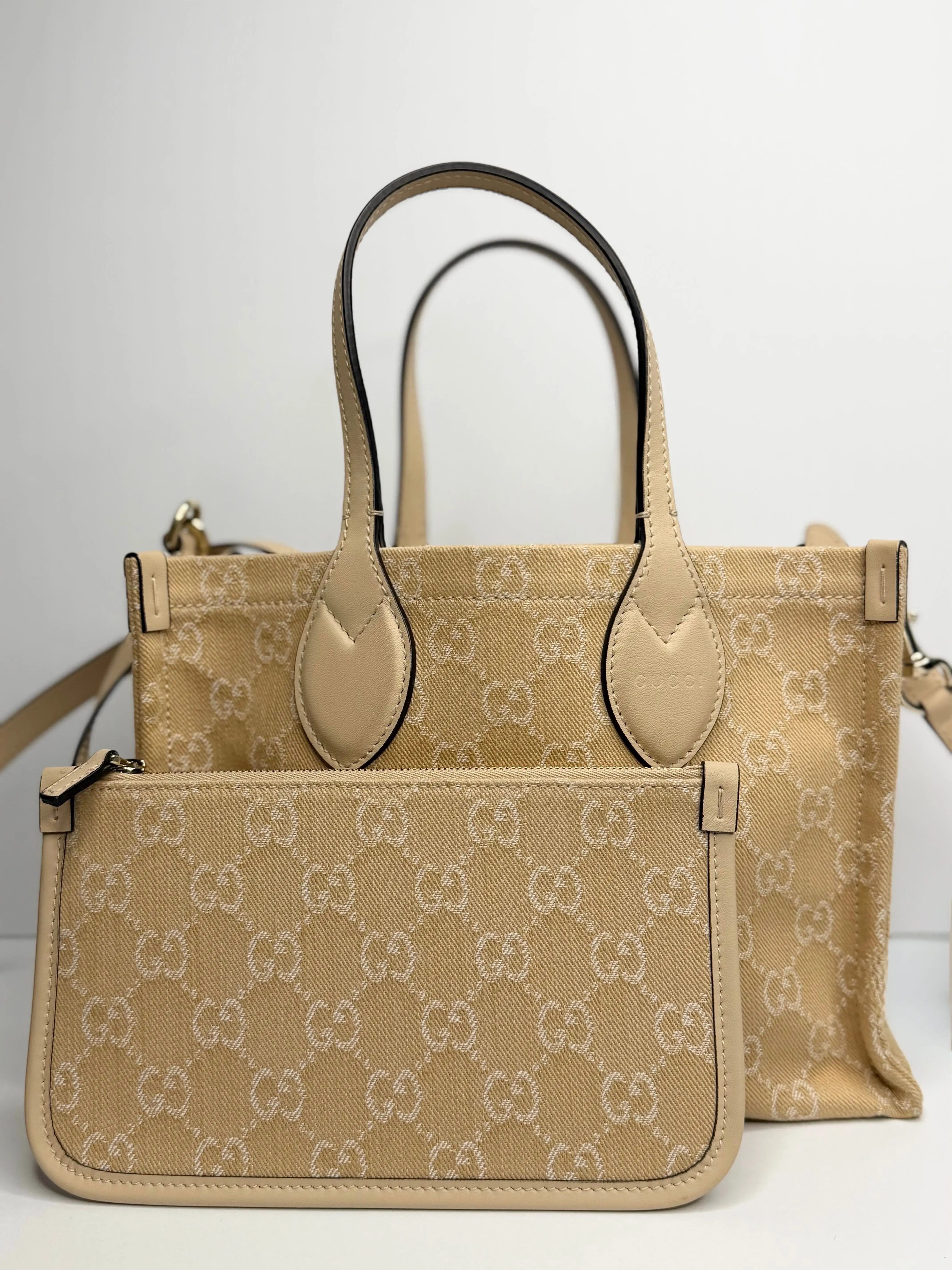 Pre-owned GUCCI Denim Shopper Beige Ophidia Tote GG Medium