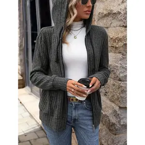 Women's plus size hooded sweatshirt - casual ribbed knit polyester jacket with zipper and drawstring, suitable for long sleeved solid color cardigans in autumn and winter, slim fit design, regular sleeve shapeRAIMENTRY