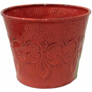 212 MAIN Cayenne Red Round Metal Planter - 6 in., Robert Allen MPT01889 Fleur De Lis Design, Equipped with Drain Plug