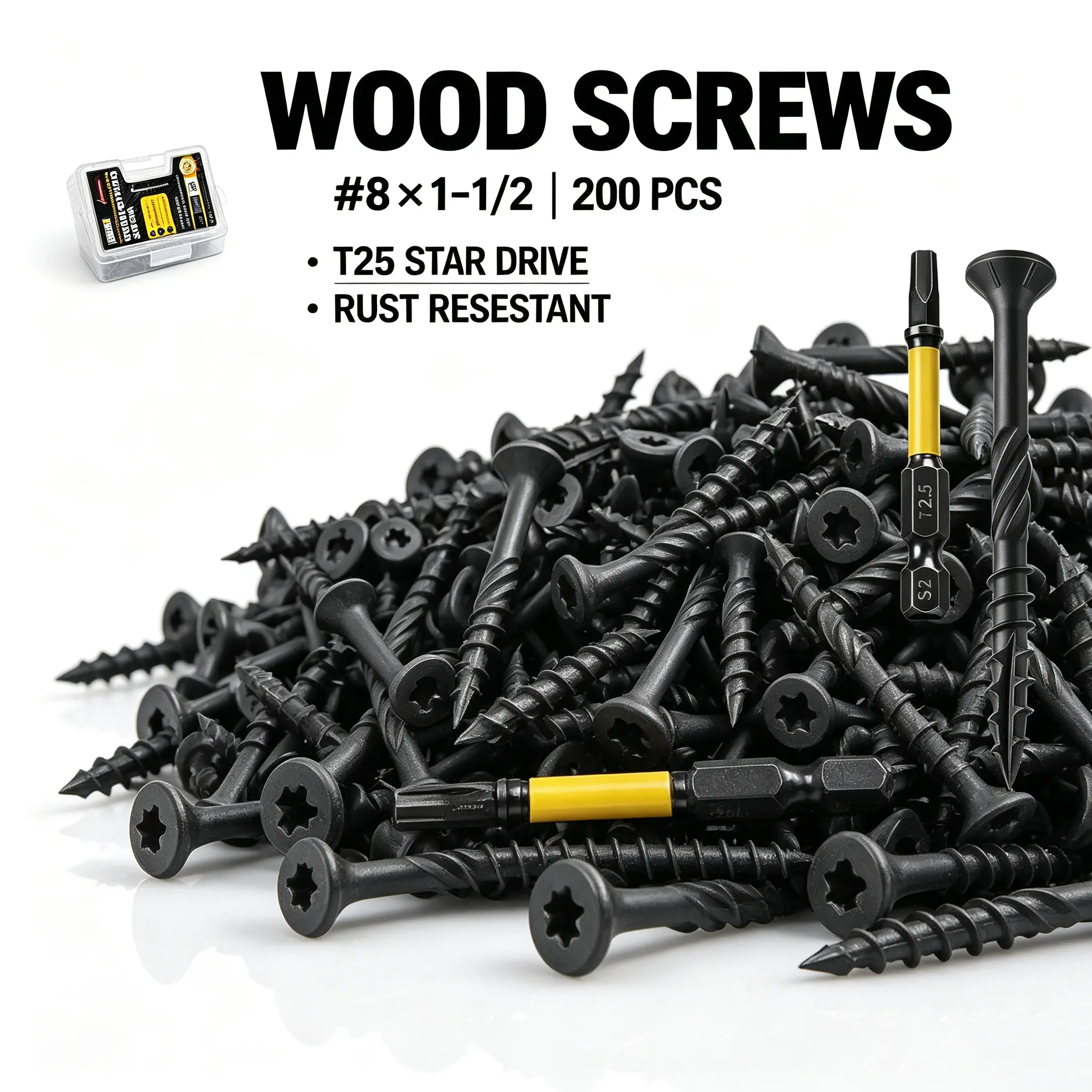 VKKM 200 Pieces #8 x 1-1/2 Inches Black T25 Torx Star Drive Self-Tapping Wood Screws - Anti-Rust Coated Screw-In Fasteners with Free Drive Bit for Deck Construction, Year-Round Use Carpentry DIY Projects