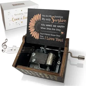 Sunflower You are My Sunshine Hand Crank Wooden Music Box Cute Tiny Vintage Keepsake Box Gift for Girls Women Mom Boys Wife Black