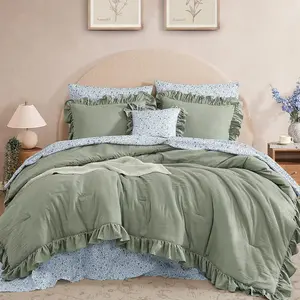 Comforter Set - 7 count Ruffle Sage Green Bedding Sets, Shabby Chic Farmhouse Bed in a Bag  with Ruffle Comforter, Floral Sheets, Pillowcases & Shams